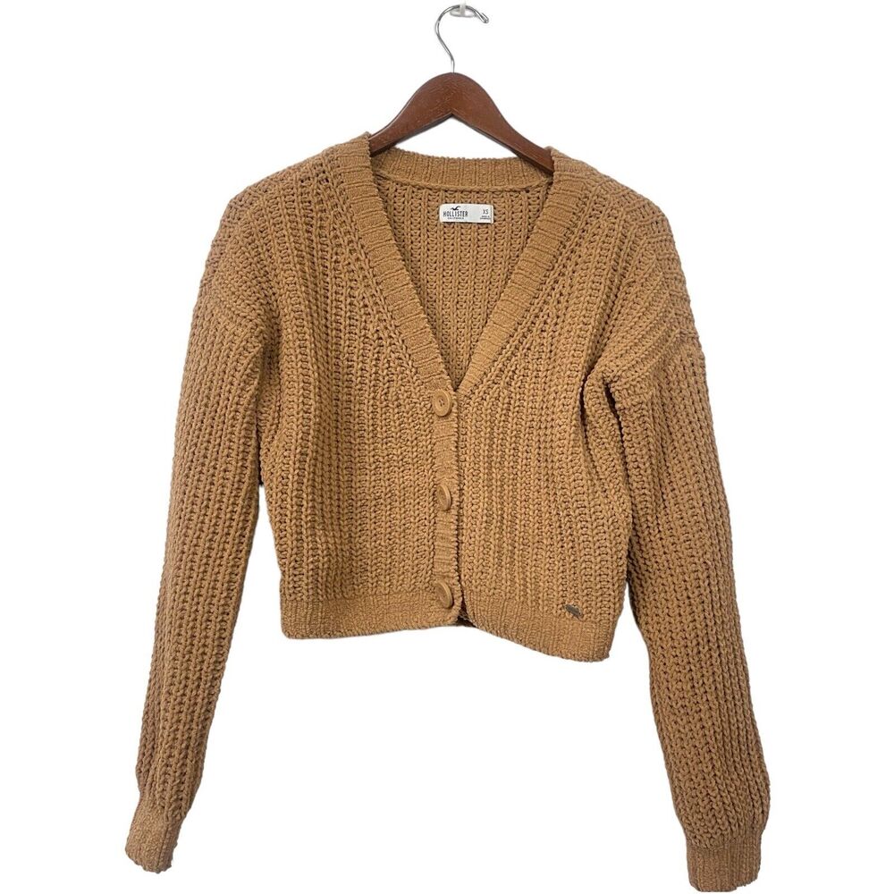 Hollister Junior‎ Open Knit Cropped Sweater Cardigan Brown Size XS 3 Buttons Y2K